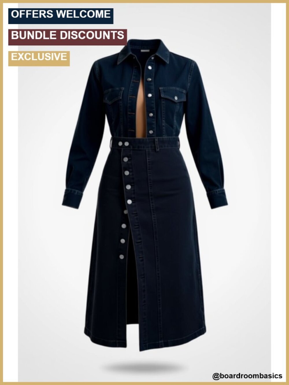 High Waisted Button Up Slit Denim Midi Skirt A-Line Stretch